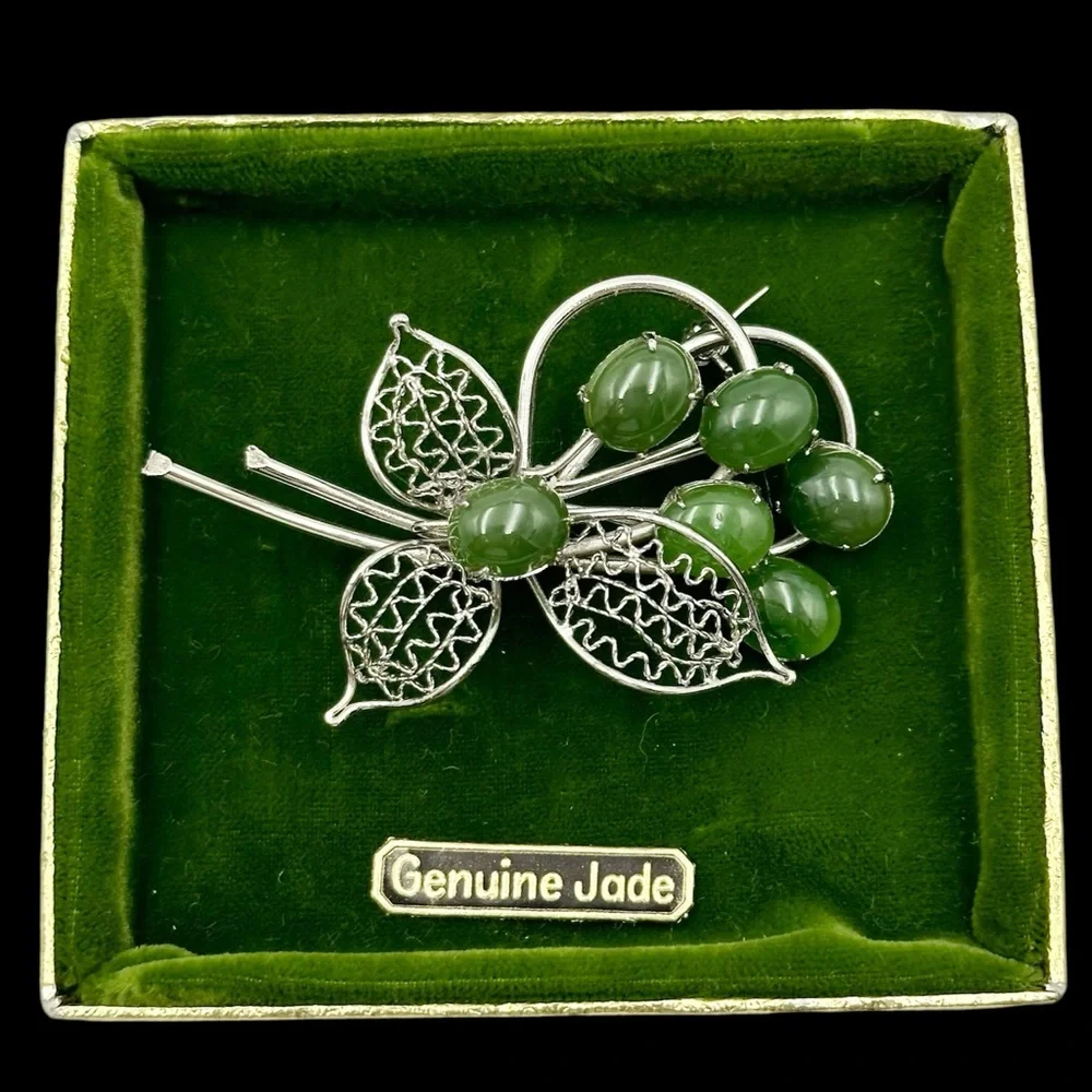 Vintage Genuine Jade Cabochon Leaf Bouquet Brooch Pin